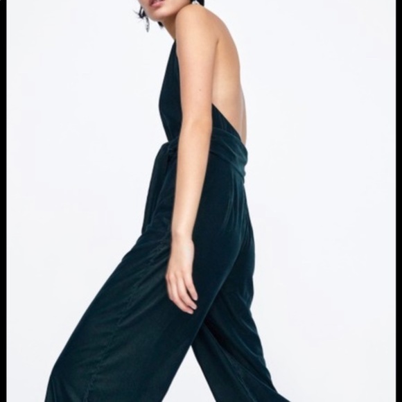 Zara Deep Teal Halter Velvet Jumpsuit - Picture 3 of 12